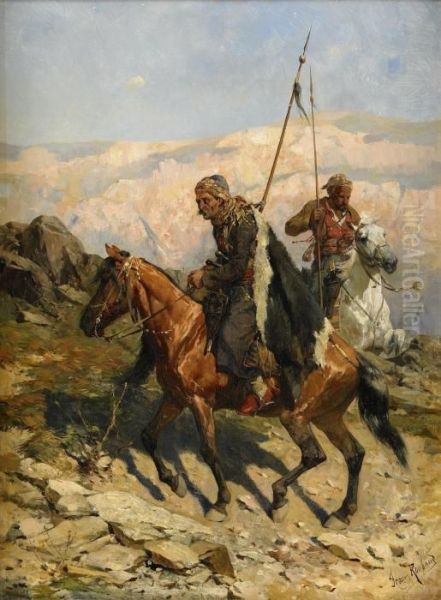 Riding Kosacks Oil Painting by Franz Roubaud