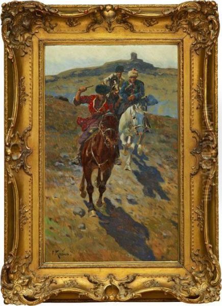 Circassian Horsemen At Full Gallop Oil Painting by Franz Roubaud