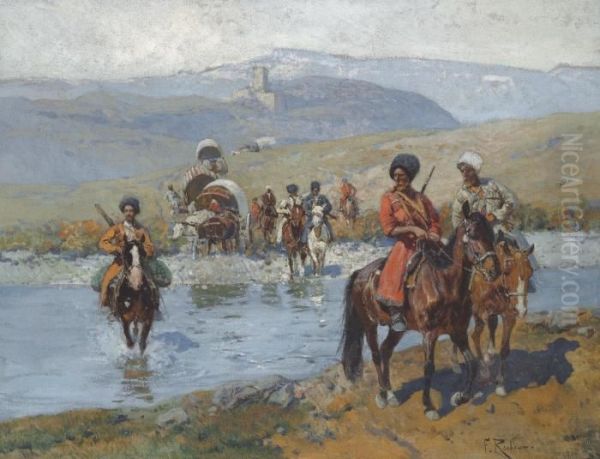 Crossing The River Oil Painting by Franz Roubaud