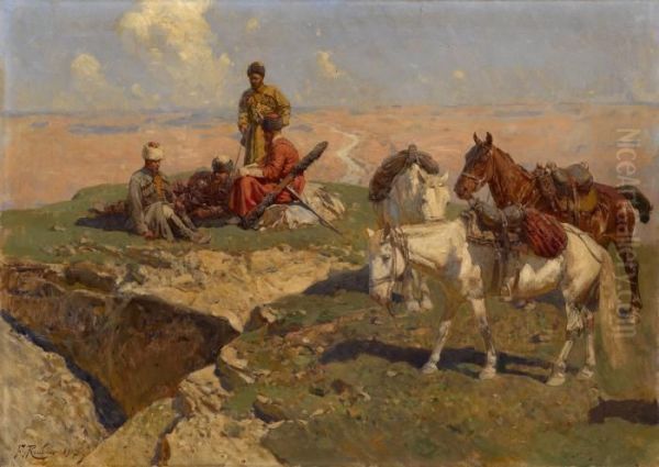 Caucasian Riders At Rest Oil Painting by Franz Roubaud