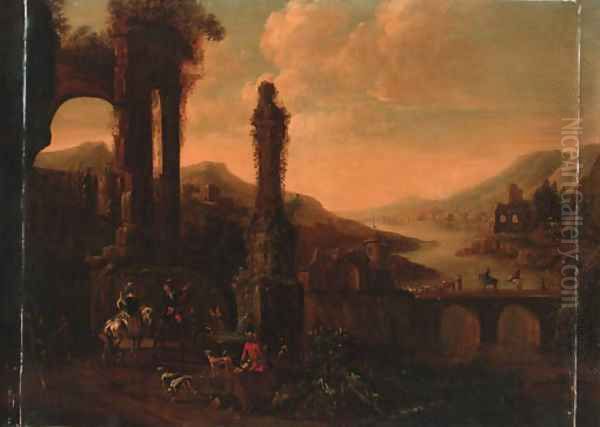 Elegant horsemen watering horses at a fountain before a ruin, a bridge with a drover and cattle beyond Oil Painting by Philips Wouwerman