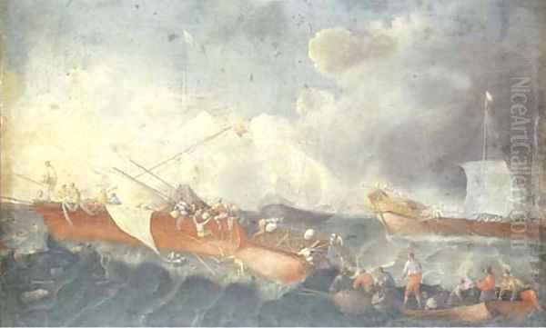 A naval battle Oil Painting by Cornelis de Wael