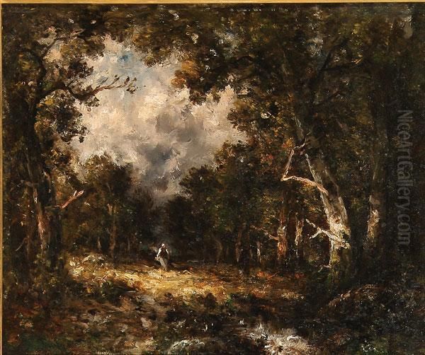 Figure In A Forest Clearing Oil Painting by Theodore Rousseau