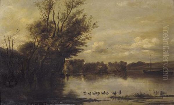 Stimmungsvolle Flusspartie Mit Enten Oil Painting by Theodore Rousseau