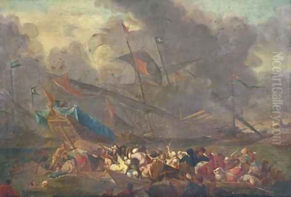 A naval battle between an Ottoman and a Christian fleet Oil Painting by Cornelis de Wael