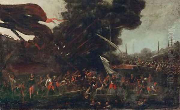 A naval battle between Turks and Christians Oil Painting by Cornelis de Wael