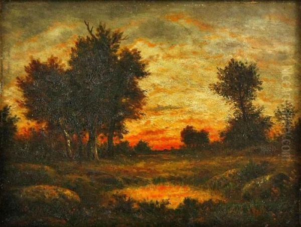 Coucher Du Soleil Dans Le Paysage A Barbizon Oil Painting by Theodore Rousseau