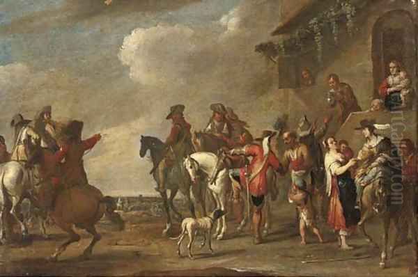 Cavalrymen at halt by an inn Oil Painting by Cornelis de Wael