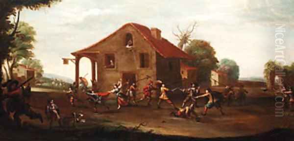 Soldiers fighting outside a tavern Oil Painting by Cornelis de Wael