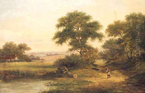 A Boy Fishing By A Pond With A Figure On A Wooded Path, A Cottage Beyond Oil Painting by Walter Heath Williams