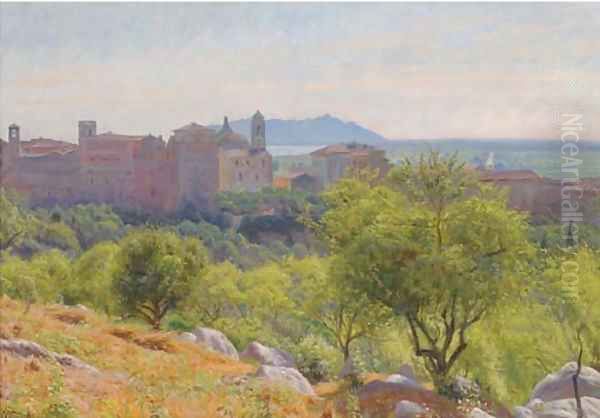 An Italian hilltop town Oil Painting by Emil August Theodor Wennerwald