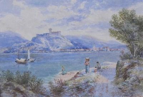 View Of A Lakeside Town And Castle On The Italian Or Swiss Lakes Oil Painting by Charles Rowbotham