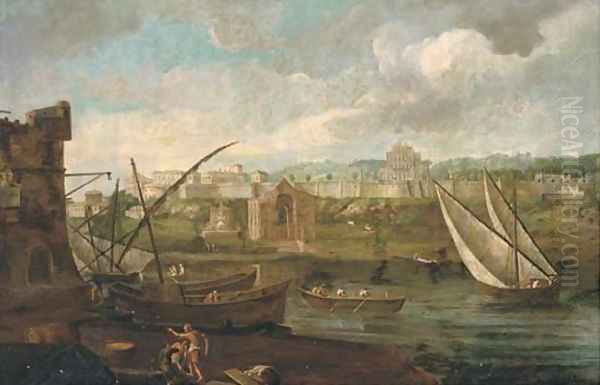 A capriccio of a riverside landscape with shipping and figures on the shore, a fortified palace beyond Oil Painting by Caspar Andriaans Van Wittel