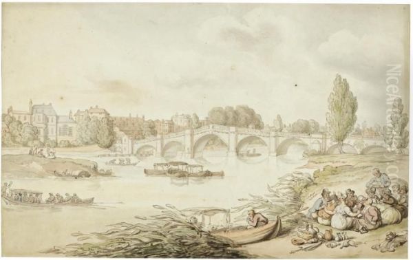 Richmond Bridge, London Oil Painting by Thomas Rowlandson