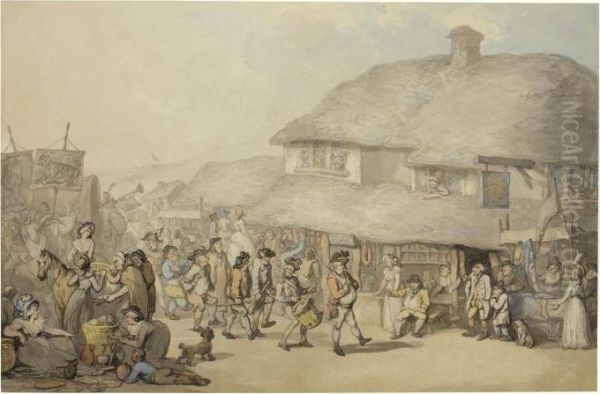 Recruiting Outside The Sun Inn, 
Bodmin, Cornwall Recto; A Study Of The Same Subject Verso Oil Painting by Thomas Rowlandson