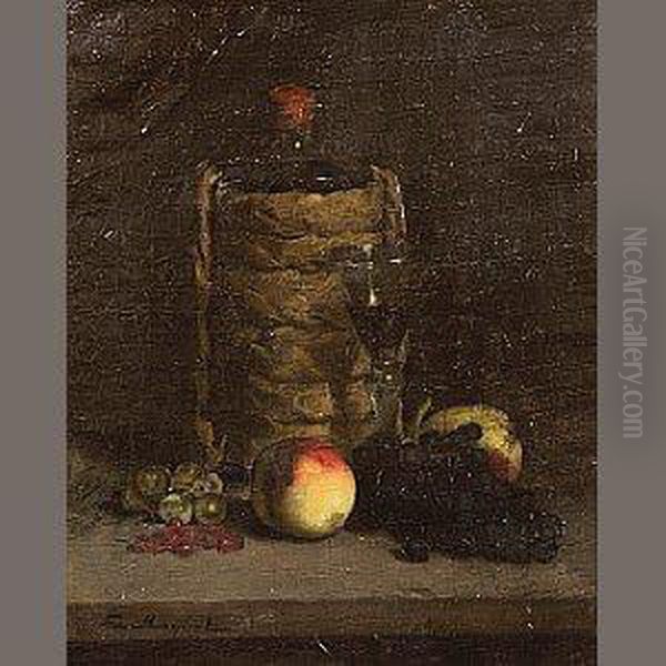 A Still Life With Fruit And Wine On A Table Oil Painting by Ferdinand Victor Leon Roybet