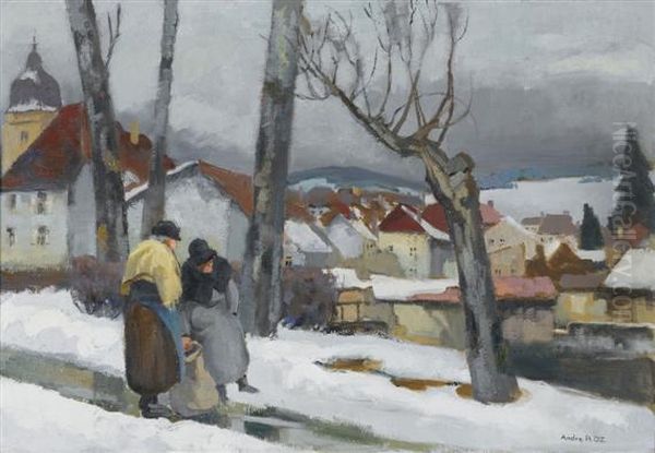 Winter In Pontarlier Oil Painting by Andre Roz