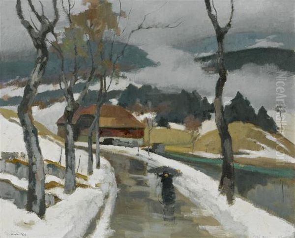 Country Road In Snow Oil Painting by Andre Roz