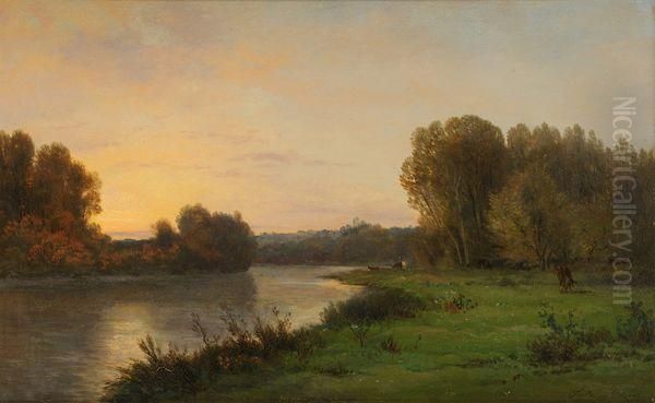 Bord De Riviere Au Crepuscule Oil Painting by Jules Rozier