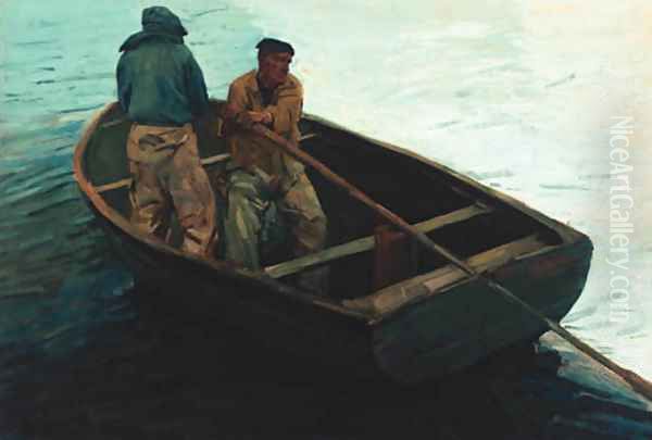 Fishermen Rowing Out Oil Painting by Otto Wagenfeldt