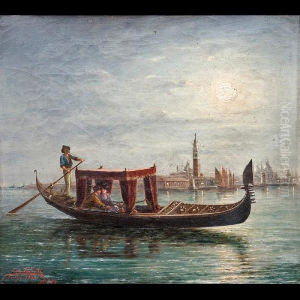 Gondola Con Amanti Nel Bacino Di San Marco Oil Painting by Ludwig Rubelli Von Sturmfest