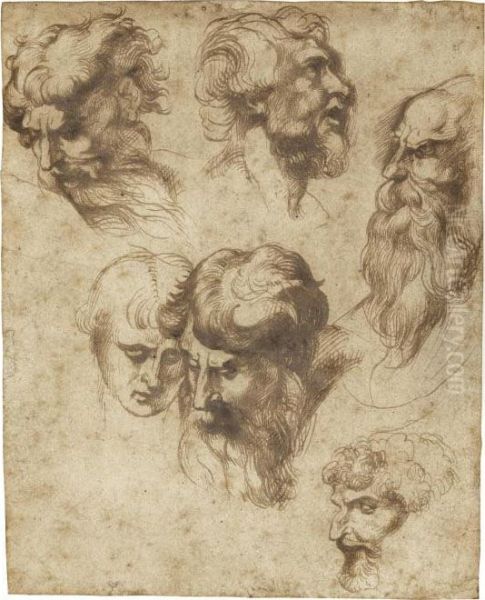 Studies Of Six Male Heads, After Raphael Oil Painting by Peter Paul Rubens