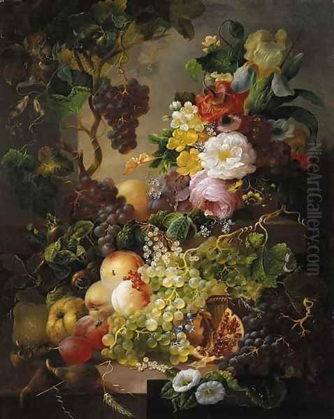 A still life with fruit and flowers amongst vines on a ledge Oil Painting by Jan Van Der Waarden