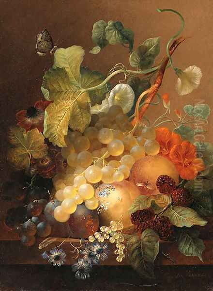 A Still life with grapes, plums, peaches and boysenberries Oil Painting by Jan Van Der Waarden