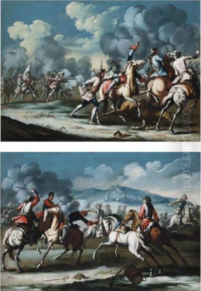 A Cavalry Skirmish; And A Cavalry Skirmish Oil Painting by Georg Philipp I Rugendas