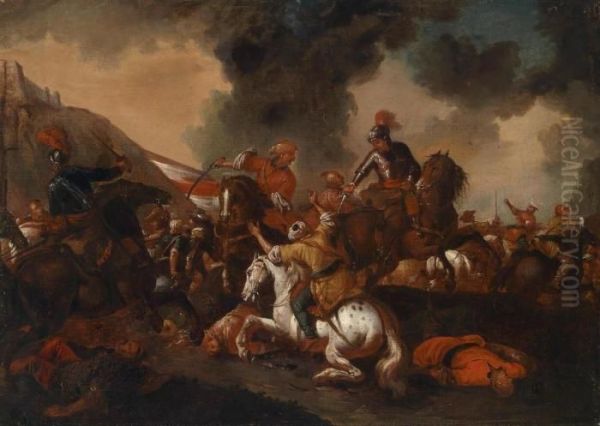 A Cavalry Engagement Between Christians And Ottomans Oil Painting by Georg Philipp I Rugendas