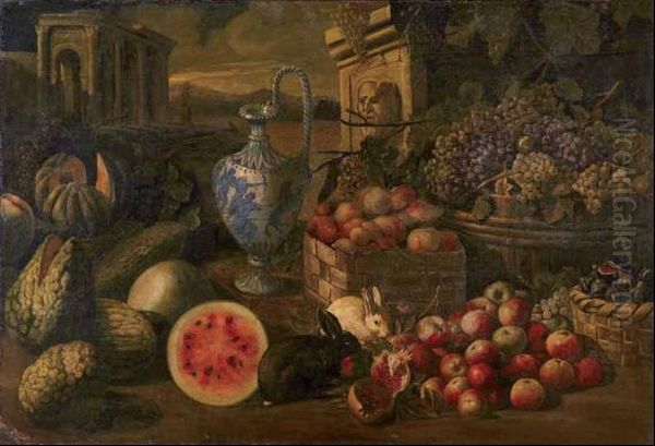 Meloni, Anguria, Uva, Mele, Melograno, Cestino Di Fichi, Cesto Di Pesche Oil Painting by Giovanni Battista Ruoppolo