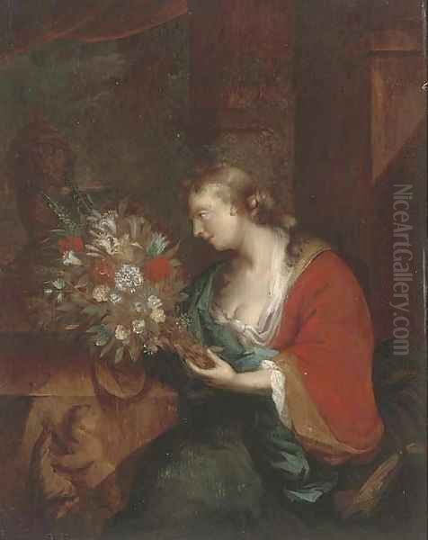 Portrait of a lady with a bunch of mixed flowers Oil Painting by Adriaen Van Der Werff