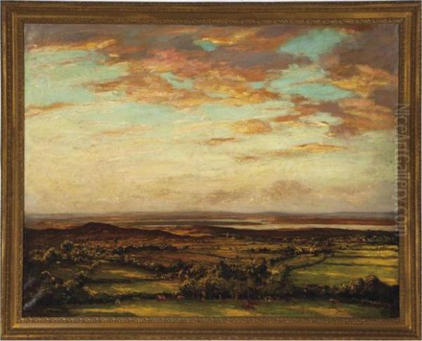 A Panoramic Landscape With Cows In The Foreground Oil Painting by Walter Westley Russell