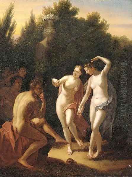 Two nymphs dancing in a garden before an audience Oil Painting by Adriaen Van Der Werff