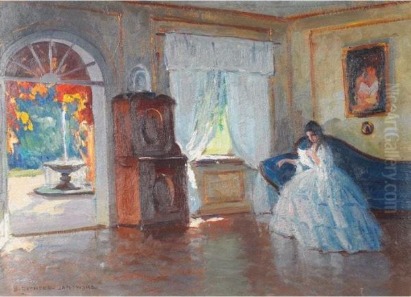 Lady Reading A Letter In A Sunlit Parlour Oil Painting by Bronislawa Rychter-Janowska