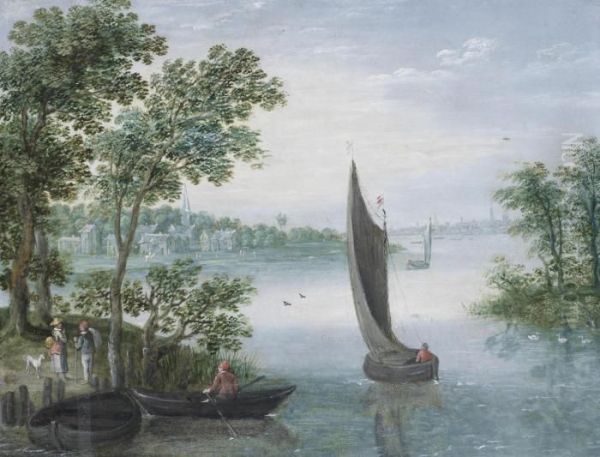 An Extensive River Landscape, With A Figure In A Ferry And Others On The Shore Oil Painting by Marten Ryckaert