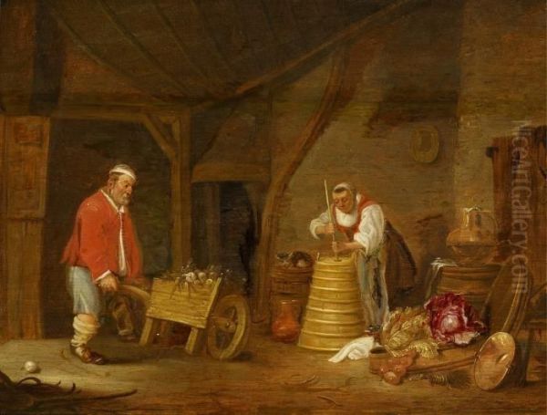 Barn Interior With Two Farmers Oil Painting by Frans, Francois Ryckhals