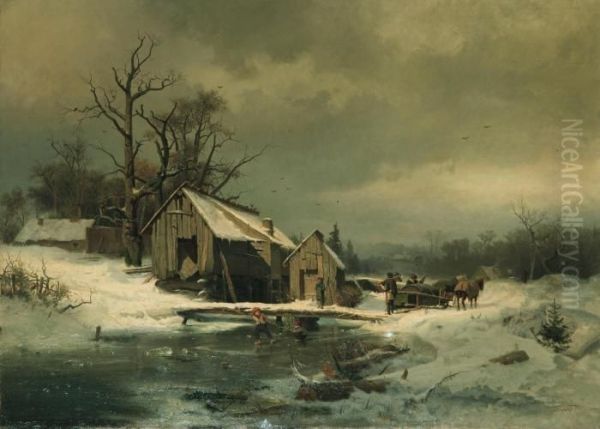 Vinterlandskap Med Lekande Barn Och Hastekipage Oil Painting by Gustaf Rydberg