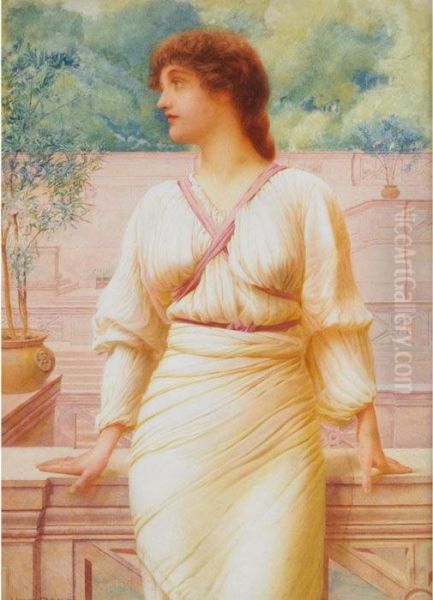 A Grecian Beauty On A Marble Terrace Oil Painting by Henry Ryland