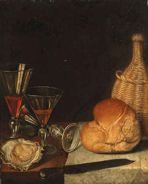 Wine glasses, an oyster, a loaf of bread, a wine bottle and a knife on a partially draped table Oil Painting by Gotthardt von Wedig