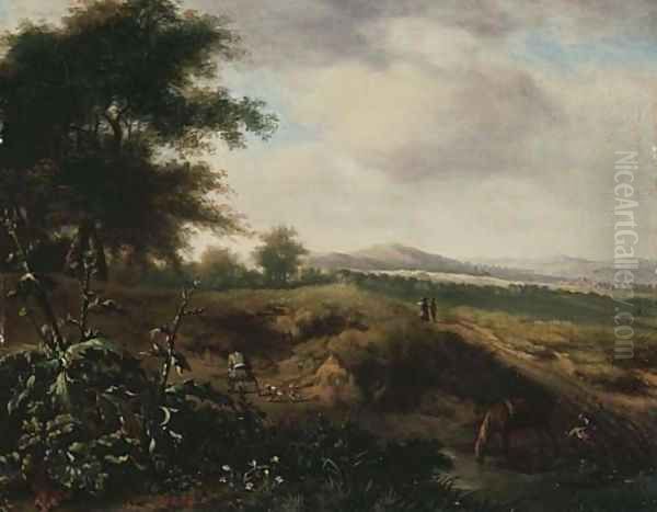 An extensive landscape with a sportsman and his dog at the edge of a wood Oil Painting by Jan Wijnants