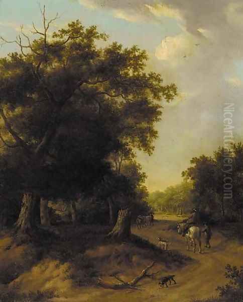 A horseman and other figures on a wooded path Oil Painting by Jan Wijnants