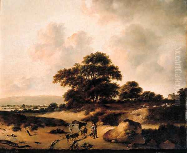 A cowherd leading cattle on a sandy track in the dunes Oil Painting by Jan Wijnants