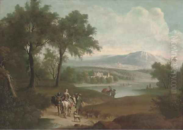 An extensive landscape with a hunting party on a track and fishermen by a lake, a country house beyond Oil Painting by Jan Wyck