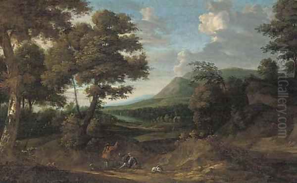 Huntsmen and their hounds on a path in a wooded landscape Oil Painting by Jan Wyck