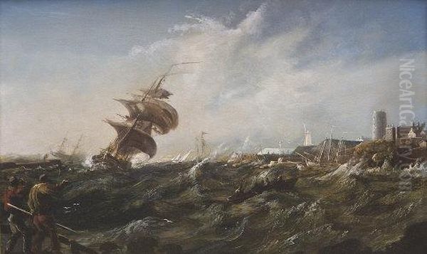 A Stormy Seascape With Figures And Boats Oil Painting by William II Sadler