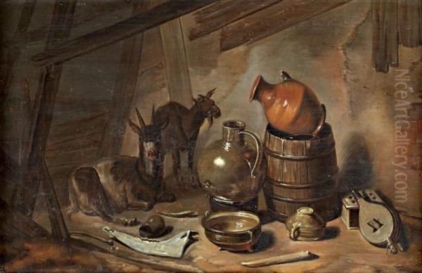 Interieur De Grange Avec Deux Chevres Oil Painting by Cornelis Saftleven