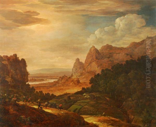 A Mountainous Wooded Landscape Oil Painting by Herman Saftleven