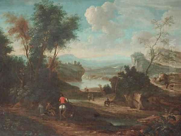 A landscape with horsemen and other travellers on a track Oil Painting by Jan Wyck