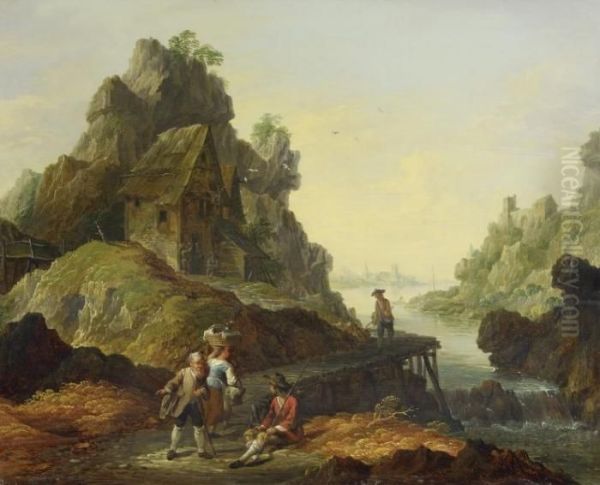 River Landscape With Anglers On A Walkway Oil Painting by Herman Saftleven